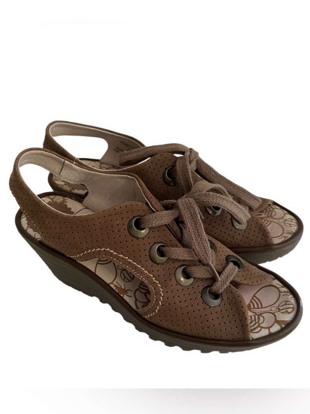 Fly London Brown Perforated Leather Tie "Yiva" Wedge Sandals 39(9-9.5) LIKE NEW